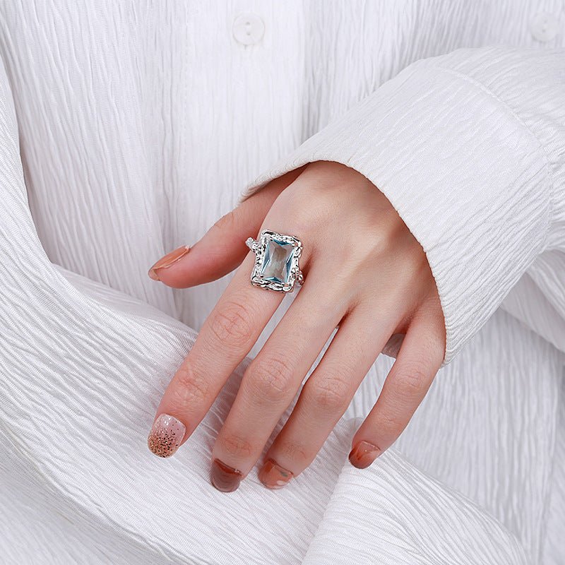 S925 Sterling Silver Tinfoil Texture Ice Blue Open Ring - Rhyme - and - Chain