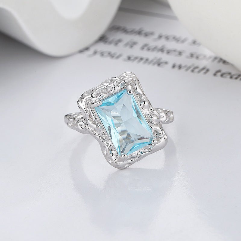 S925 Sterling Silver Tinfoil Texture Ice Blue Open Ring - Rhyme - and - Chain