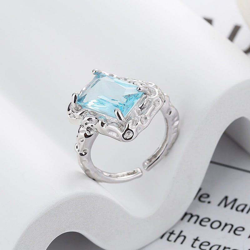 S925 Sterling Silver Tinfoil Texture Ice Blue Open Ring - Rhyme - and - Chain