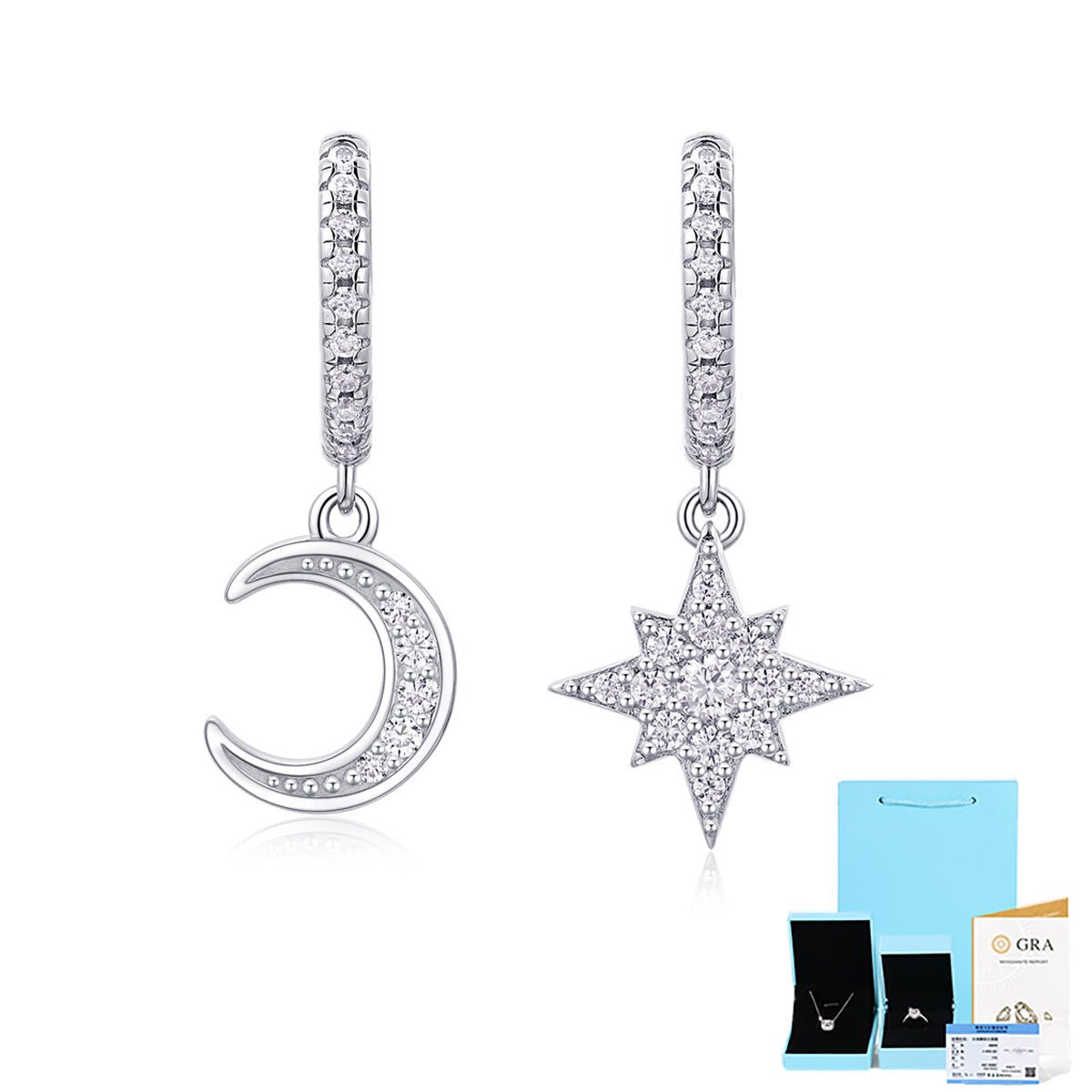 S925 Tremella Ring Moissanite New Long Earrings Star Moon - Rhyme - and - Chain