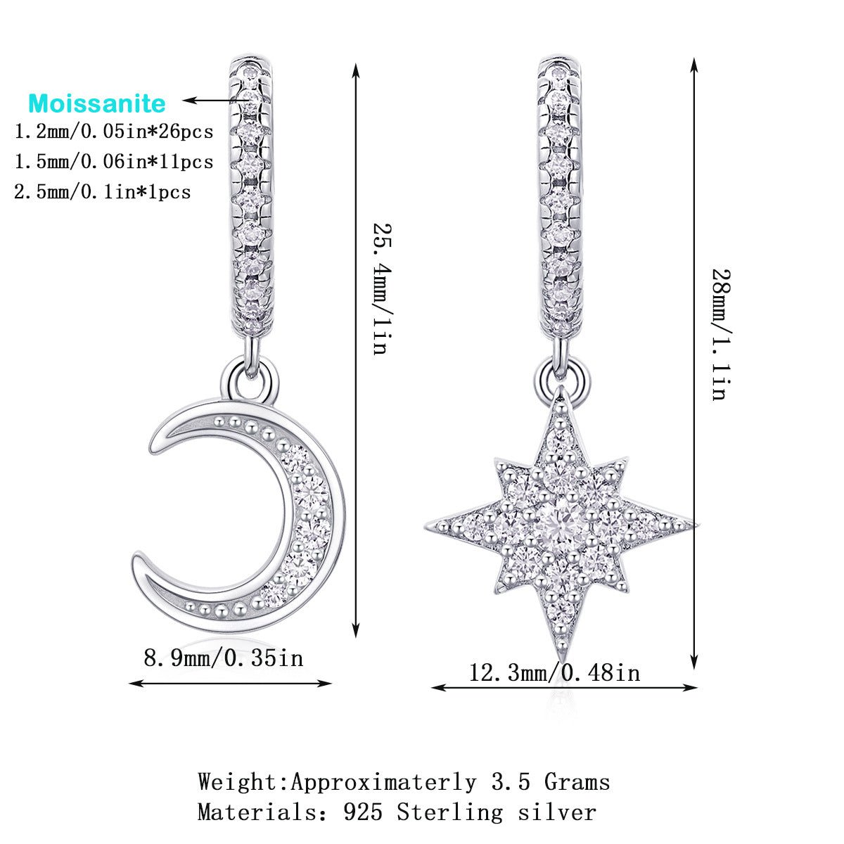 S925 Tremella Ring Moissanite New Long Earrings Star Moon - Rhyme - and - Chain