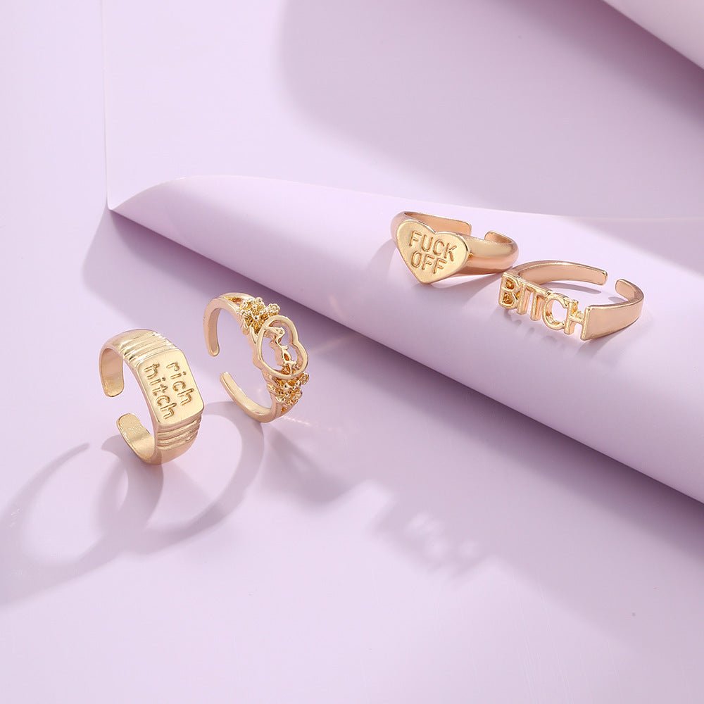 Shaped Rings Vintage Alloy Letter Cutout Heart Rings Set Of Four - Rhyme - and - Chain