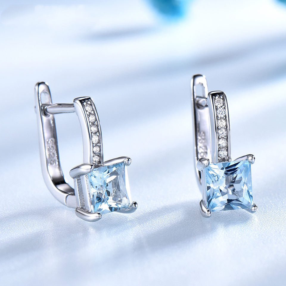 Silver Earrings Simple Square Sky Blue Topaz Earrings - Rhyme - and - Chain