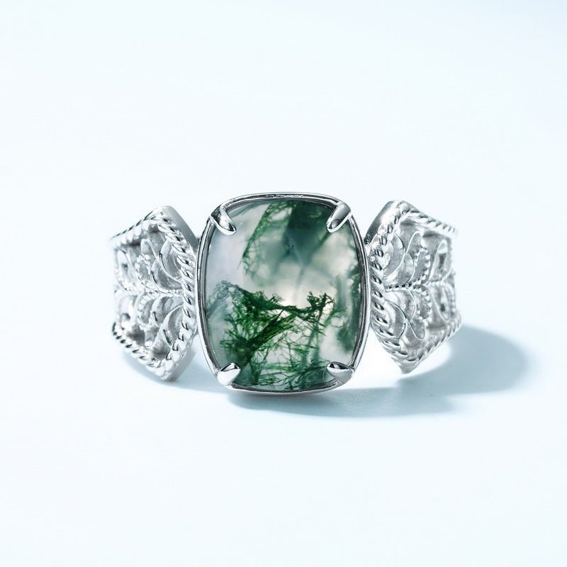 Silver Green Moss Ring Female Water Plants Agate Finger Ring - Rhyme - and - Chain