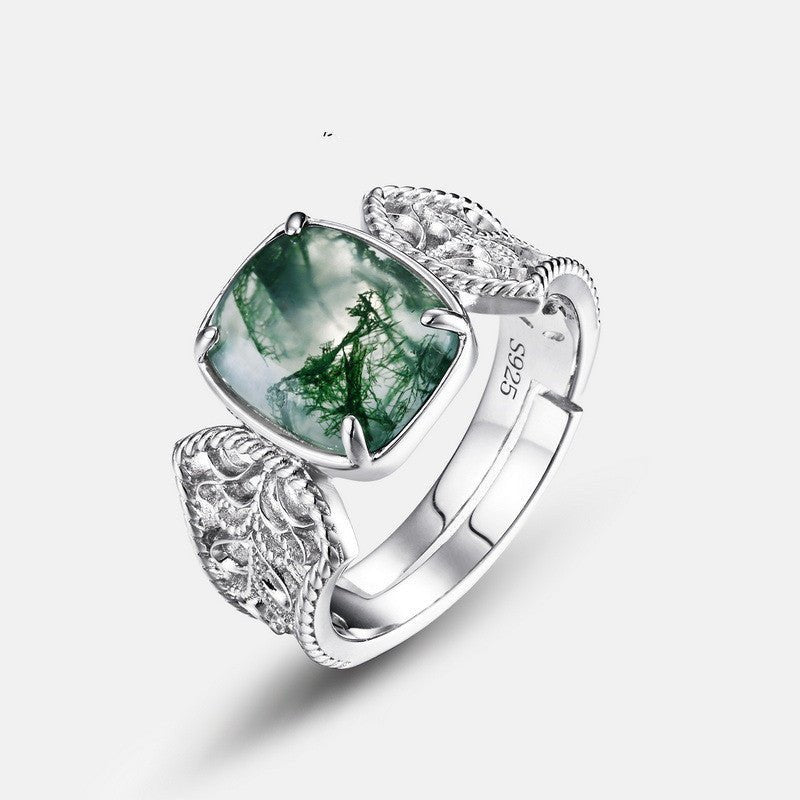 Silver Green Moss Ring Female Water Plants Agate Finger Ring - Rhyme - and - Chain