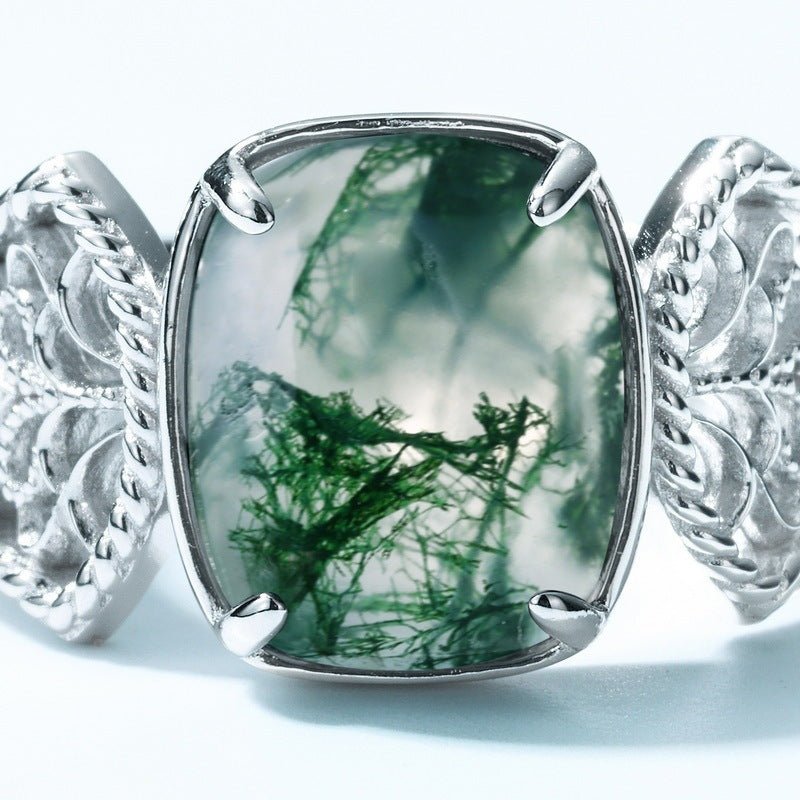 Silver Green Moss Ring Female Water Plants Agate Finger Ring - Rhyme - and - Chain