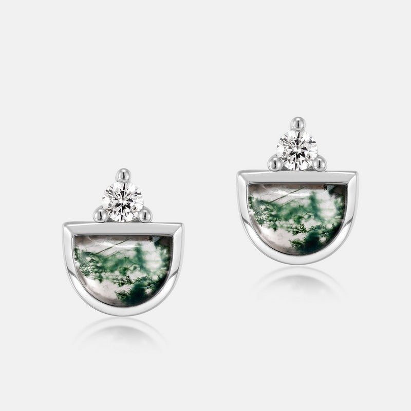 Silver Inlaid Green Moss Agate Stud Earrings - Rhyme - and - Chain