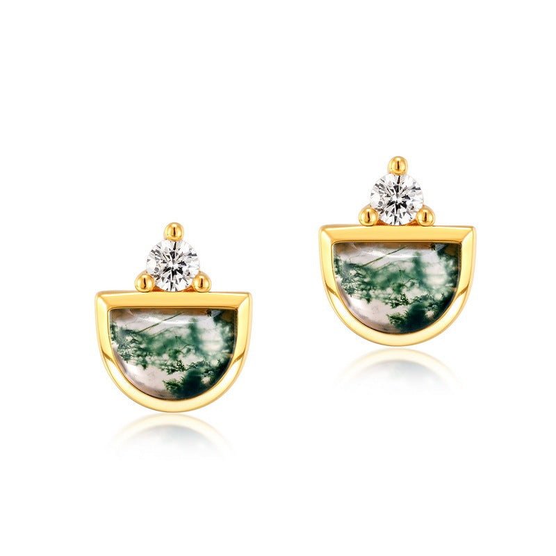 Silver Inlaid Green Moss Agate Stud Earrings - Rhyme - and - Chain