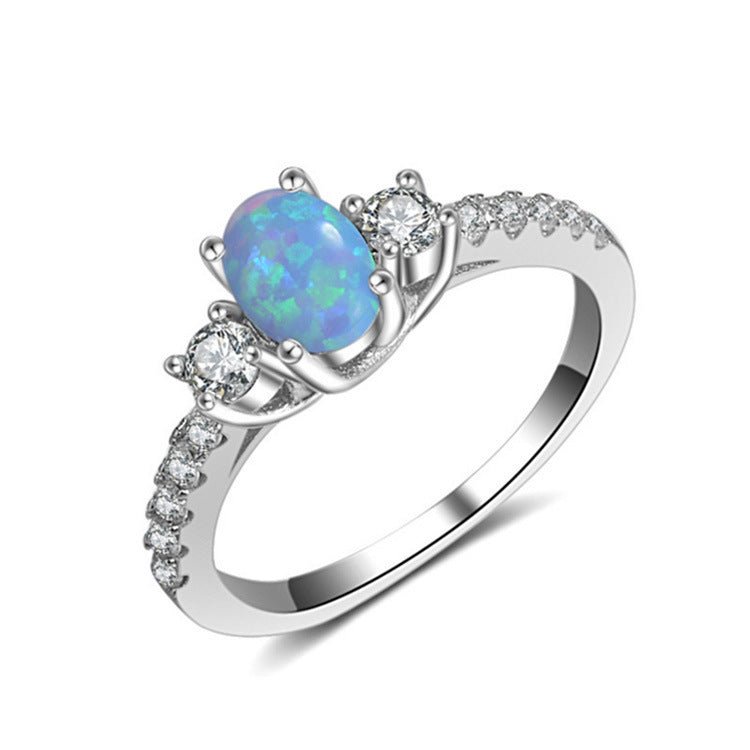 Silver S925 Color Diamond Opal Stone Three Diamond Ring - Rhyme - and - Chain