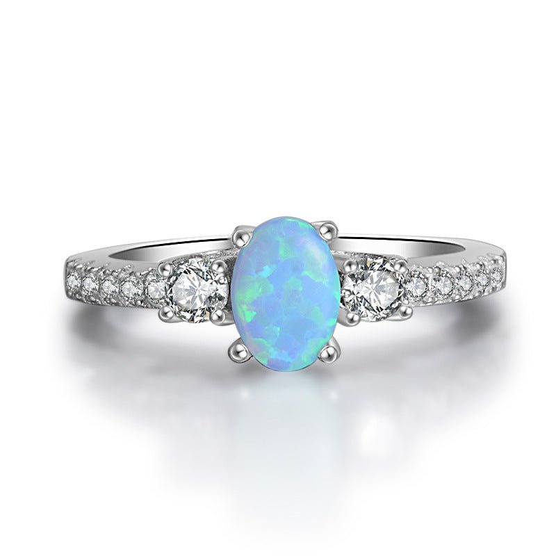 Silver S925 Color Diamond Opal Stone Three Diamond Ring - Rhyme - and - Chain