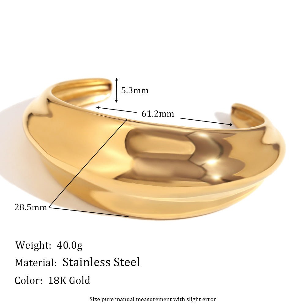 Stainless Steel 18K Gold Plated Concave - convex Curved Surface Smooth Opening Bracelet - Rhyme - and - Chain