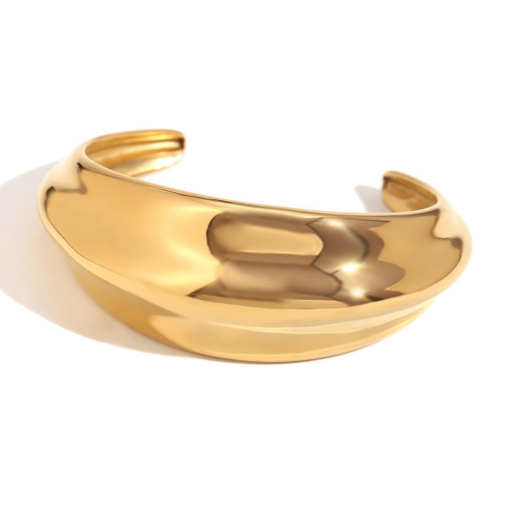 Stainless Steel 18K Gold Plated Concave - convex Curved Surface Smooth Opening Bracelet - Rhyme - and - Chain