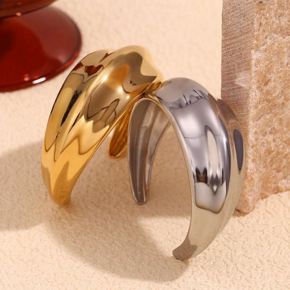 Stainless Steel 18K Gold Plated Concave - convex Curved Surface Smooth Opening Bracelet - Rhyme - and - Chain