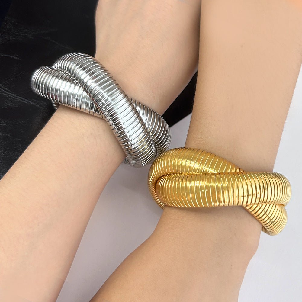 Stainless Steel Elastic Double Ring Bracelet Herringbone Chain Titanium - Rhyme - and - Chain