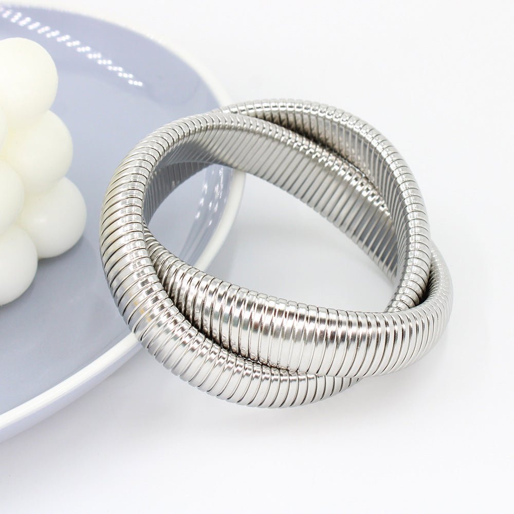 Stainless Steel Elastic Double Ring Bracelet Herringbone Chain Titanium - Rhyme - and - Chain