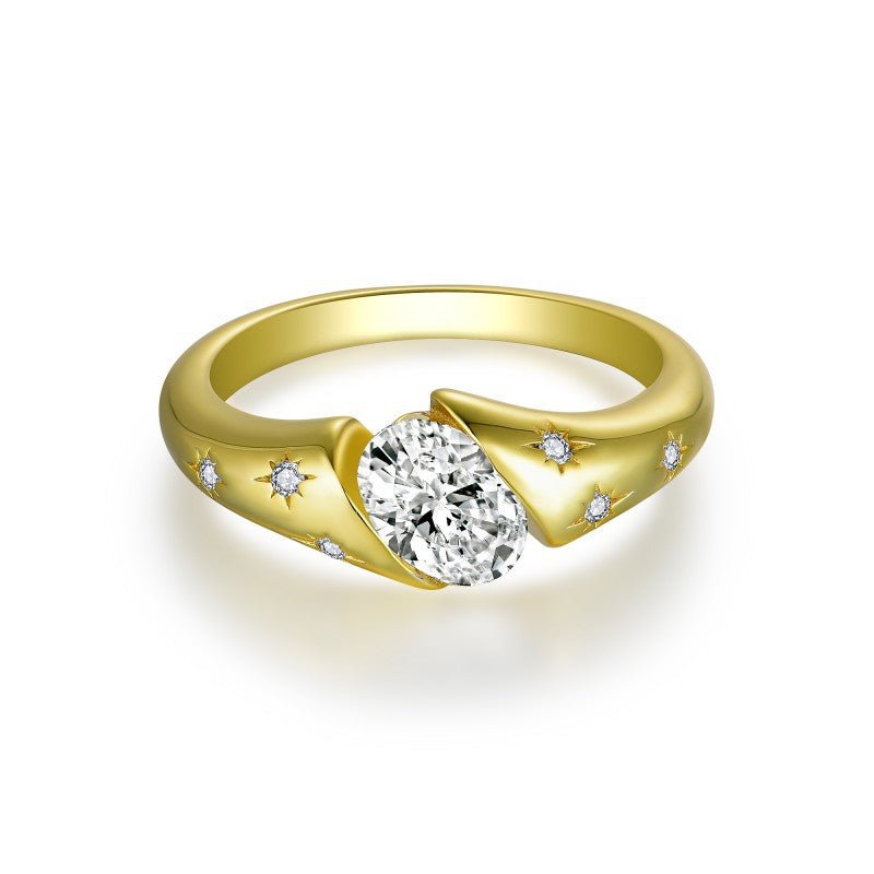 Star Oval Moissanite Engagement Ring 1 Carat S925 Silver 18k Gold Plated - Rhyme - and - Chain