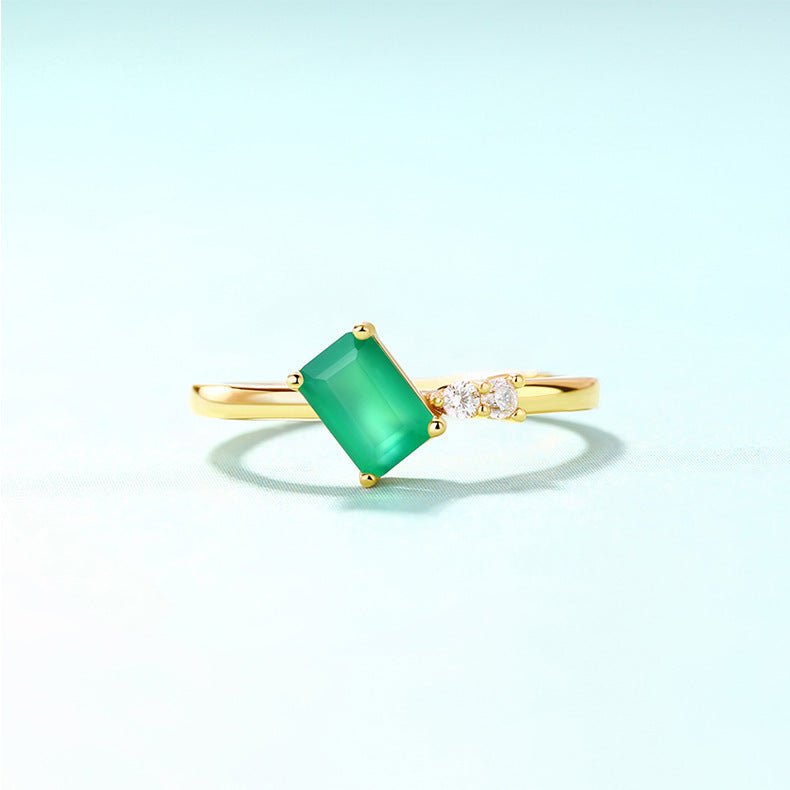 Sterling Silver Green Agate Square Ring Female 9K Gold Plated - Rhyme - and - Chain