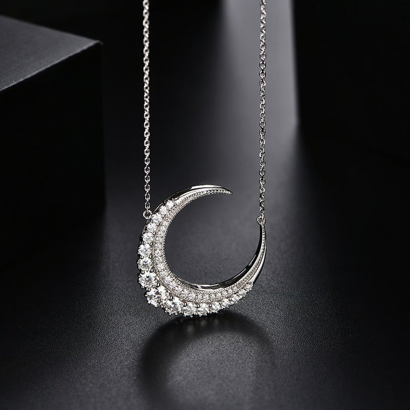 Sterling Silver Moissanite Crescent Necklace Moon Clavicle Chain - Rhyme - and - Chain