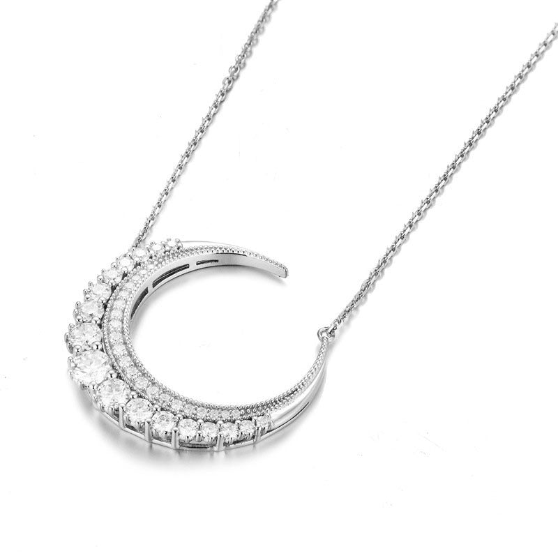 Sterling Silver Moissanite Crescent Necklace Moon Clavicle Chain - Rhyme - and - Chain