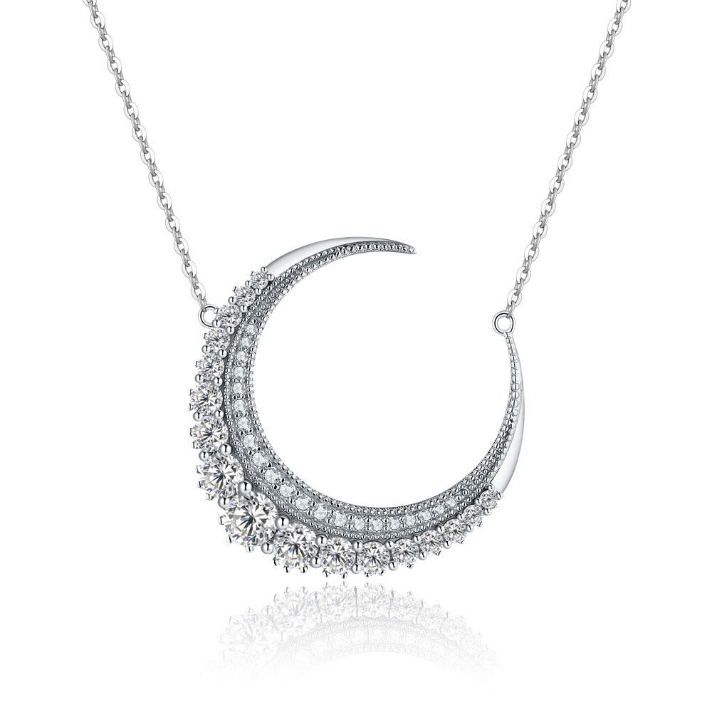 Sterling Silver Moissanite Crescent Necklace Moon Clavicle Chain - Rhyme - and - Chain