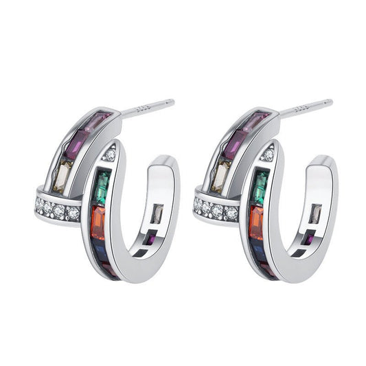 Sterling Silver S925 Colorful Gem Nail Seven Rainbow Earrings - Rhyme - and - Chain