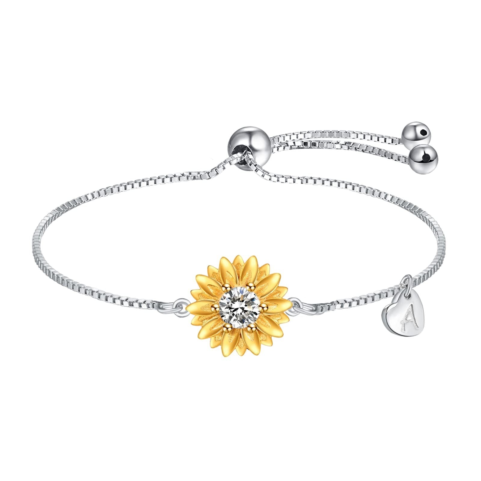 Sunflower Bracelets with Initial A Sterling Silver Gifts for Women - Rhyme - and - Chain