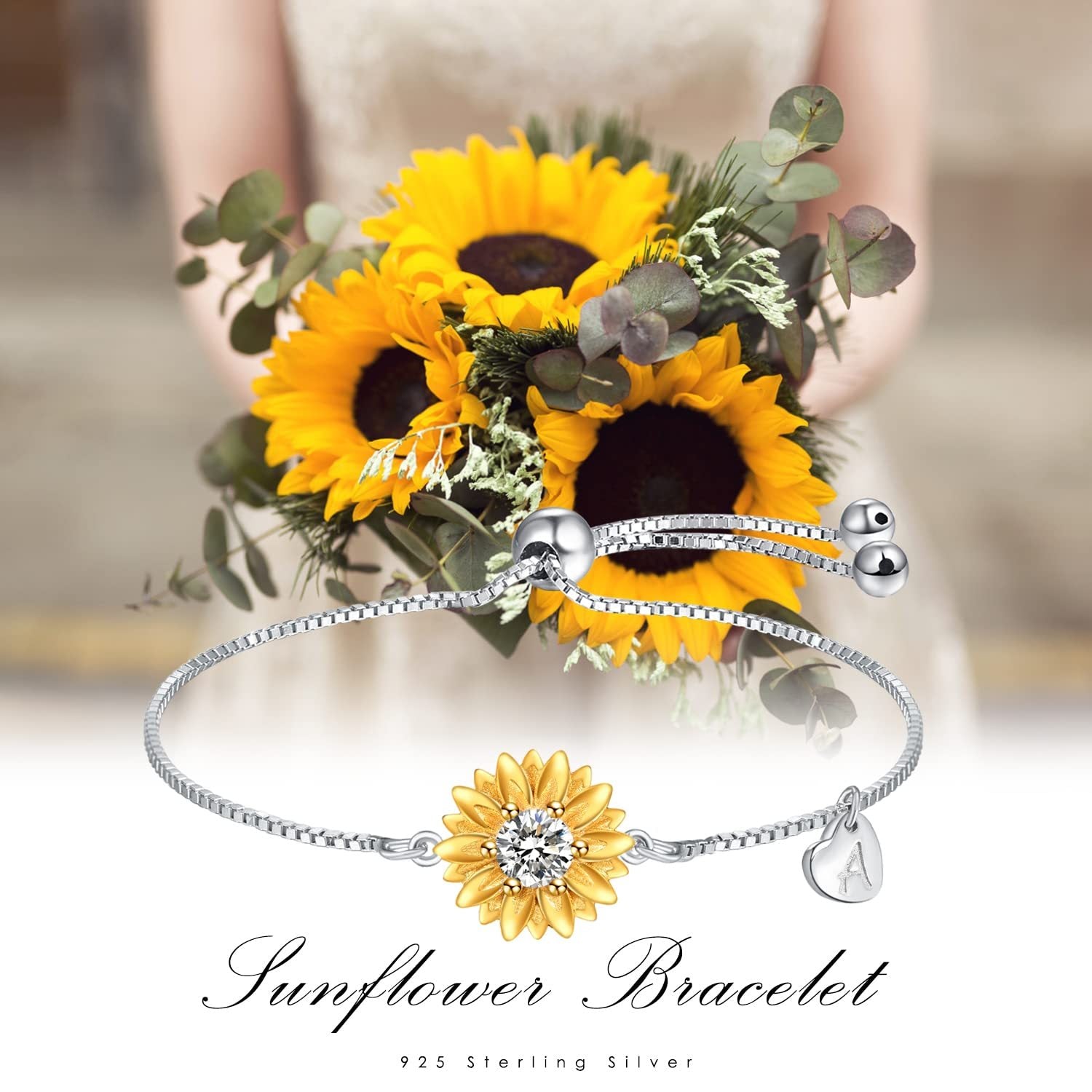 Sunflower Bracelets with Initial A Sterling Silver Gifts for Women - Rhyme - and - Chain