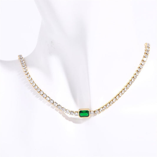 Titanium Steel Tennis Zircon Necklace Creative Emerald Choker - Rhyme - and - Chain