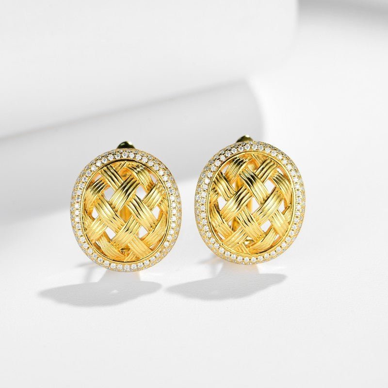 Vintage Rhombus Woven Moissanite S925 Silver 18k Gold Plated Stud Earrings - Rhyme - and - Chain