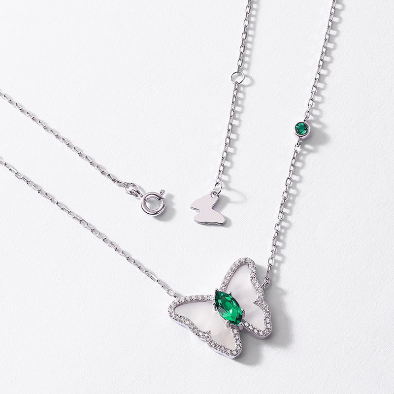 White Shell Butterfly Necklace S925 Silver Cultivated Emerald Collarbone Chain - Rhyme - and - Chain