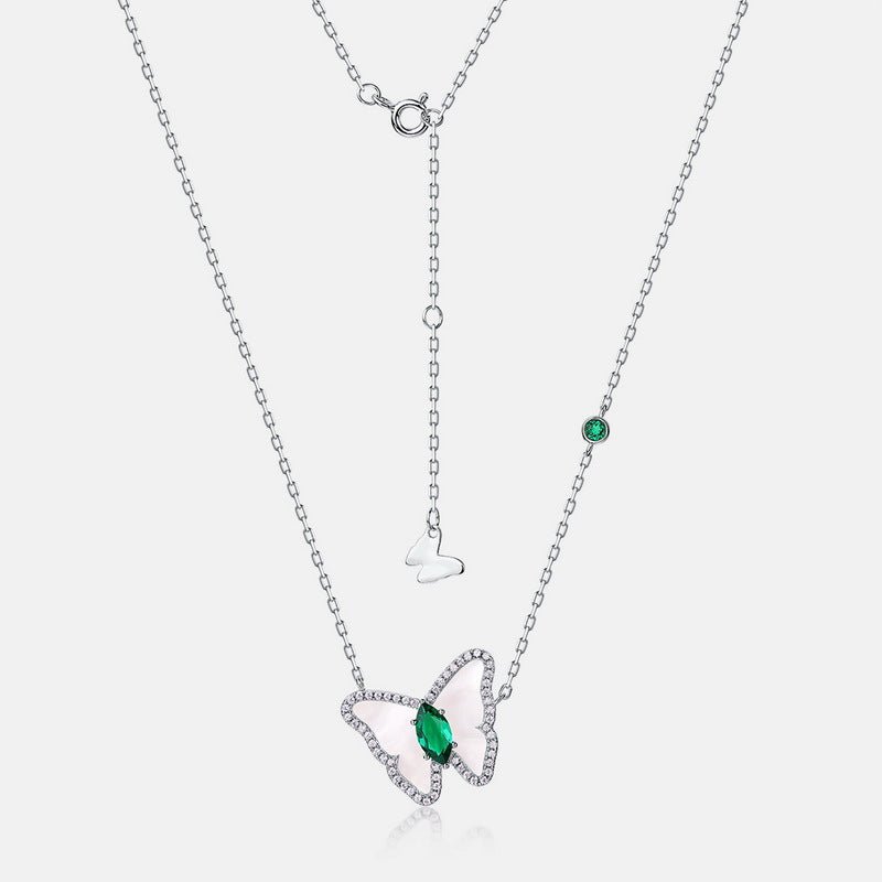 White Shell Butterfly Necklace S925 Silver Cultivated Emerald Collarbone Chain - Rhyme - and - Chain