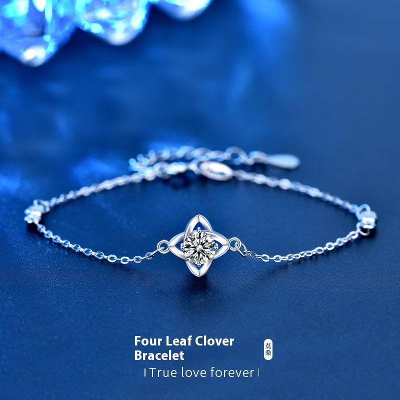 Women's 925 Sterling Silver Moissanite Clover Bracelet - Rhyme - and - Chain