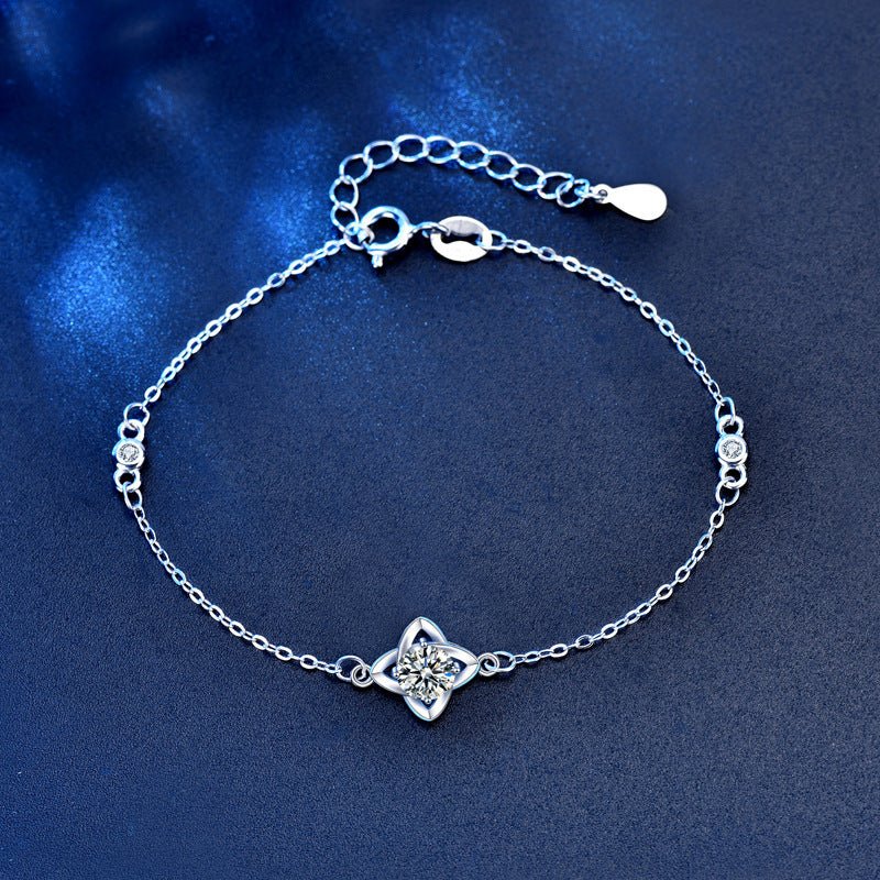 Women's 925 Sterling Silver Moissanite Clover Bracelet - Rhyme - and - Chain