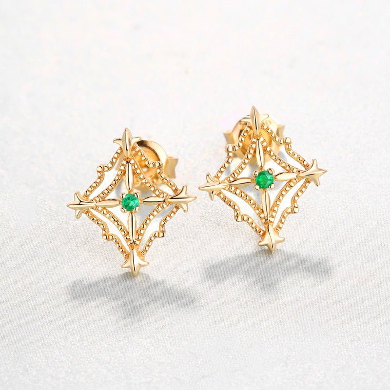 Women's Natural Emerald Retro Diamond Cut Beaded Hollow Stud Earrings - Rhyme - and - Chain