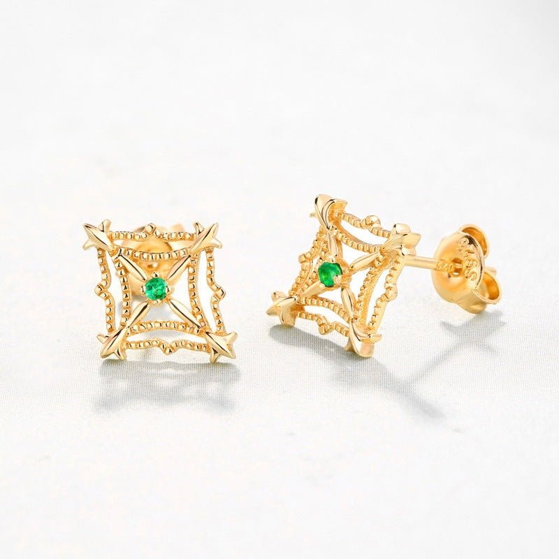 Women's Natural Emerald Retro Diamond Cut Beaded Hollow Stud Earrings - Rhyme - and - Chain