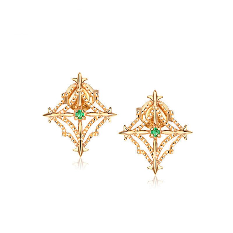 Women's Natural Emerald Retro Diamond Cut Beaded Hollow Stud Earrings - Rhyme - and - Chain