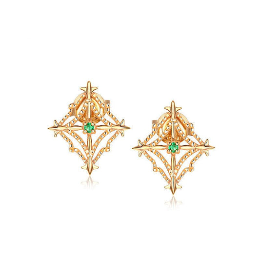 Women's Natural Emerald Retro Diamond Cut Beaded Hollow Stud Earrings - Rhyme - and - Chain