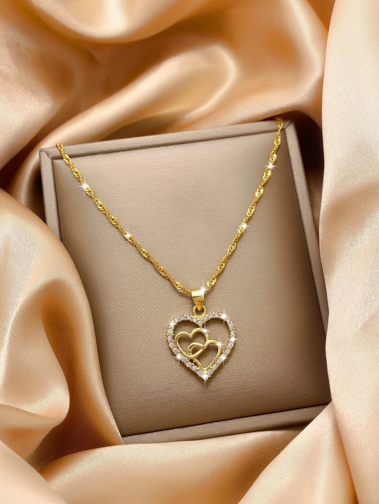 Womens Necklace Heart Pendant Stainless Steel Chain 18k Gold Plated Jewelry Gift - Rhyme - and - Chain