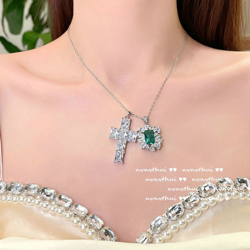 Zambian Peacock Emerald Cross Necklace - Rhyme - and - Chain