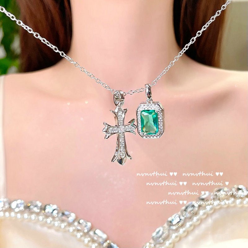 Zambian Peacock Emerald Cross Necklace - Rhyme - and - Chain