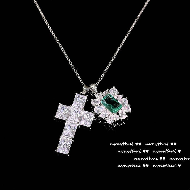 Zambian Peacock Emerald Cross Necklace - Rhyme - and - Chain